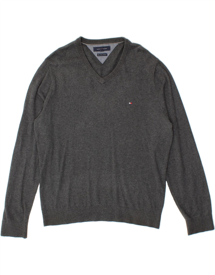 TOMMY HILFIGER Mens V-Neck Jumper Sweater Medium Grey Cotton Vintage Tommy Hilfiger and Second-Hand Tommy Hilfiger from Messina Hembry 