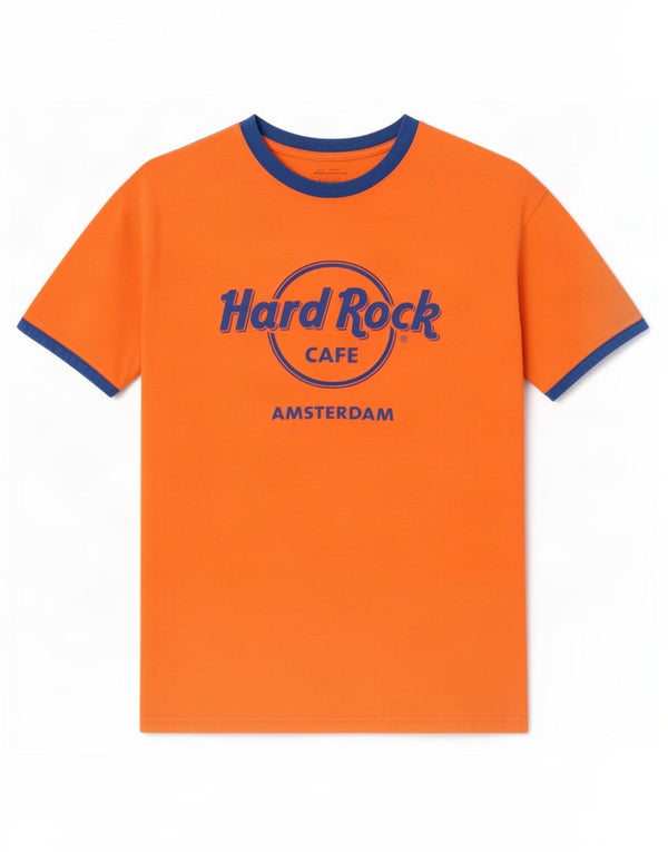 Hard Rock Cafe Mens Amsterdam Graphic T-Shirt Top Μεσαίο πορτοκαλί βαμβακερό