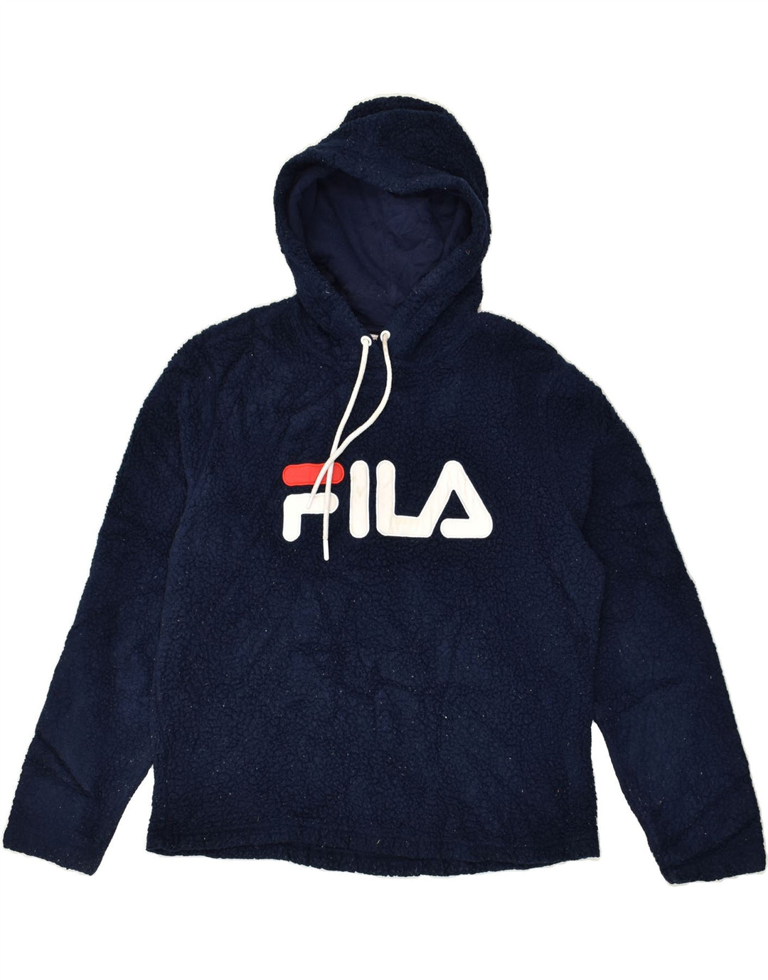 FILA Womens Graphic Hooded Fleece Jumper UK 16 Large Navy Blue Polyester | Vintage Fila | Thrift | Second-Hand Fila | Used Clothing | Messina Hembry 