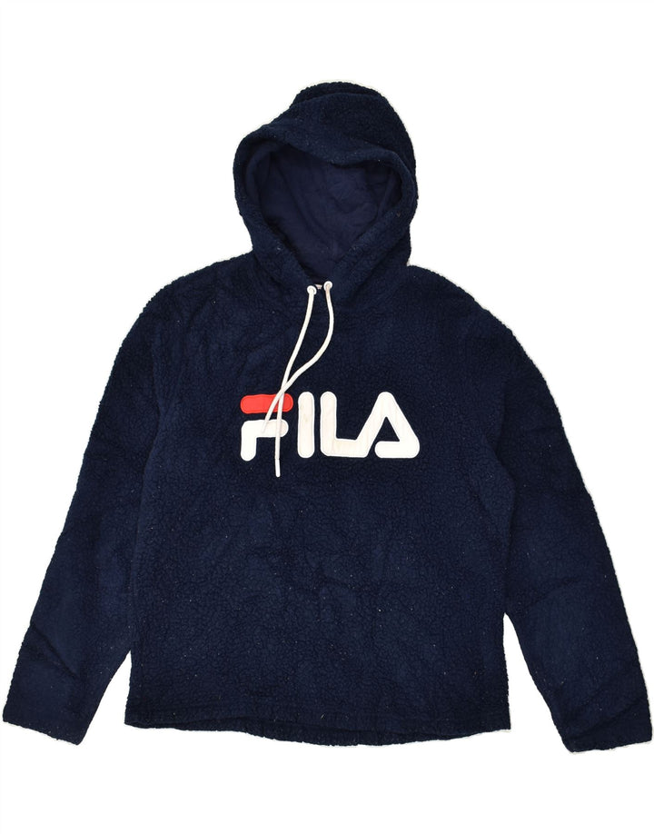 FILA Womens Graphic Hooded Fleece Jumper UK 16 Large Navy Blue Polyester | Vintage Fila | Thrift | Second-Hand Fila | Used Clothing | Messina Hembry 