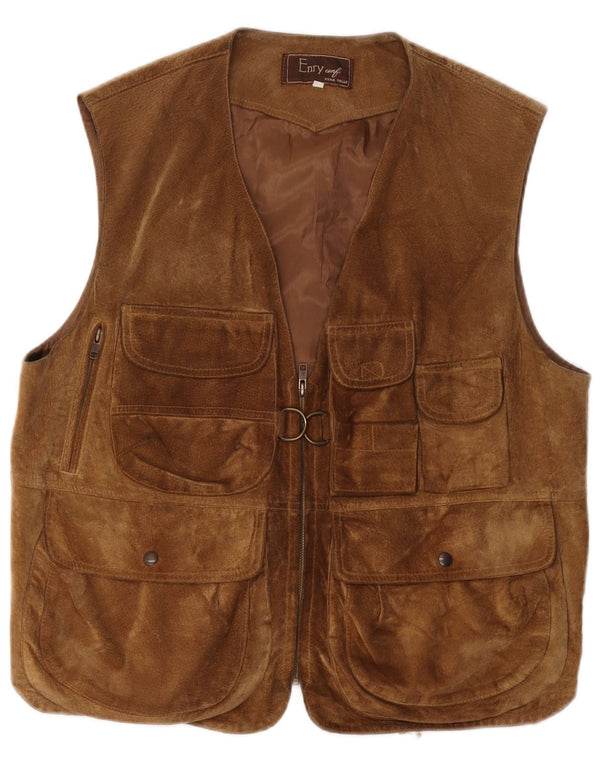 Vintage Ανδρικό Suede Utility Gilet UK 38 Δέρμα μεσαίου καφέ