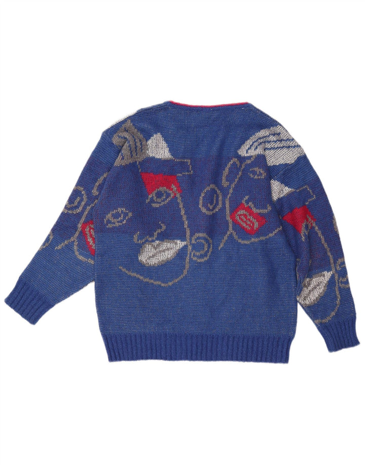 Γυναικείο πουλόβερ με γραφικό V-λαιμόκοψη VINTAGE UK 16 Large Blue