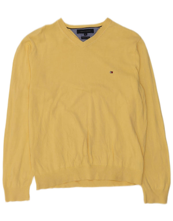Tommy Hilfiger Mens V-Neck Jumper Sweater Medium Yellow Cotton