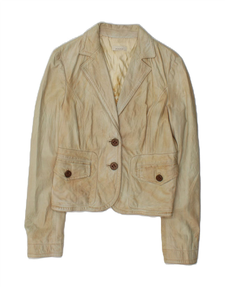 PINKO Womens Leather 2 Button Blazer Jacket UK 12 Medium Blue Leather Vintage Pinko and Second-Hand Pinko from Messina Hembry 