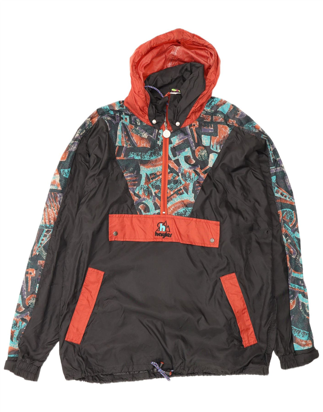 Vintage Ανδρικό μπουφάν βροχής με κουκούλα Anorak UK 38 Medium Black Geometric