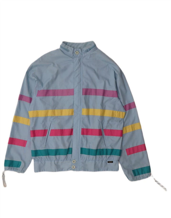 VINTAGE Womens Hooded Bomber Jacket UK 14 Large Blue Striped Polyester