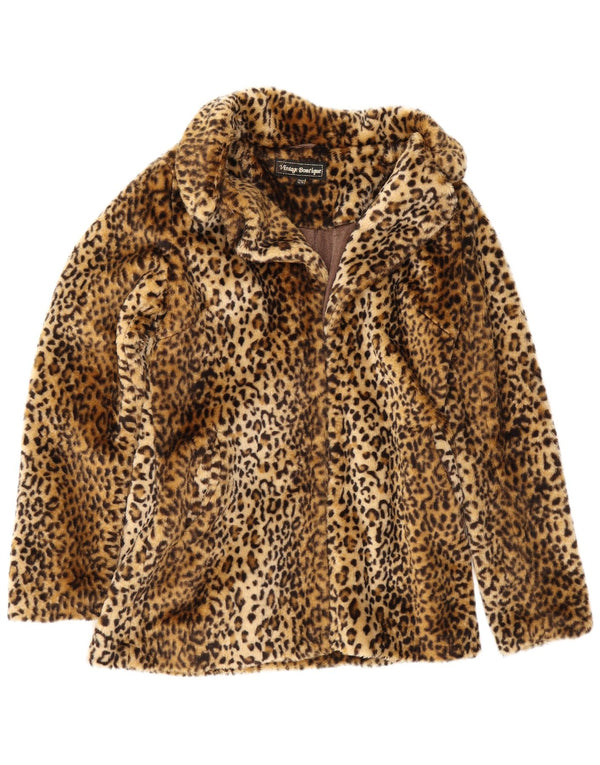 Vintage Womens Open Faux Fur Jacket UK 12 Medium Brown Animal Print