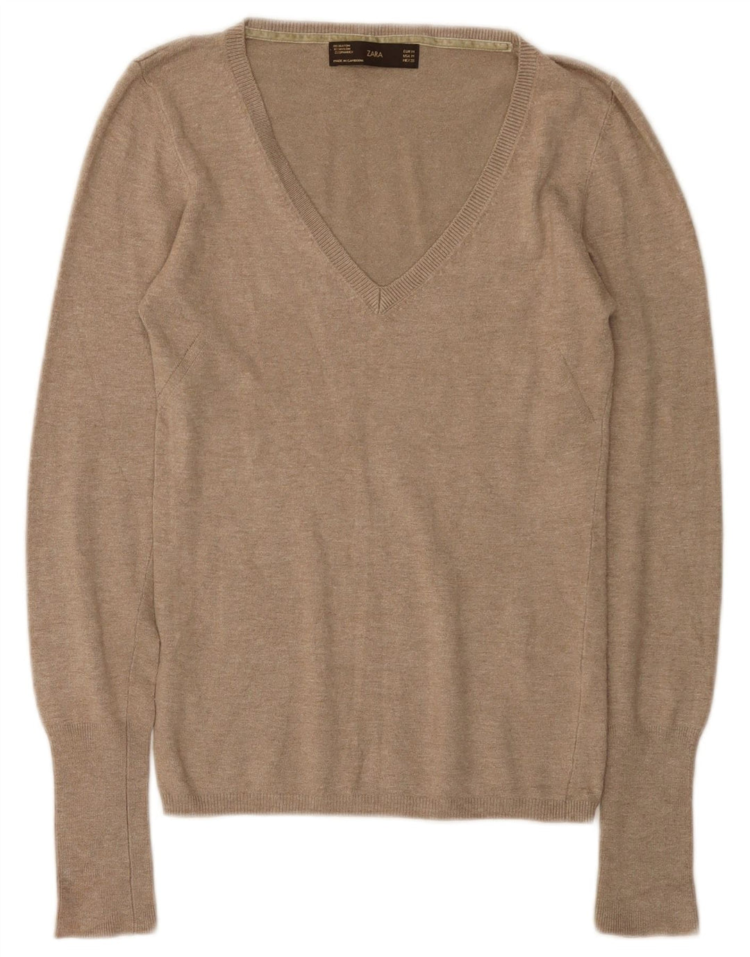 Zara Γυναικείο πουλόβερ με V λαιμόκοψη UK 12 Medium Beige Rayon