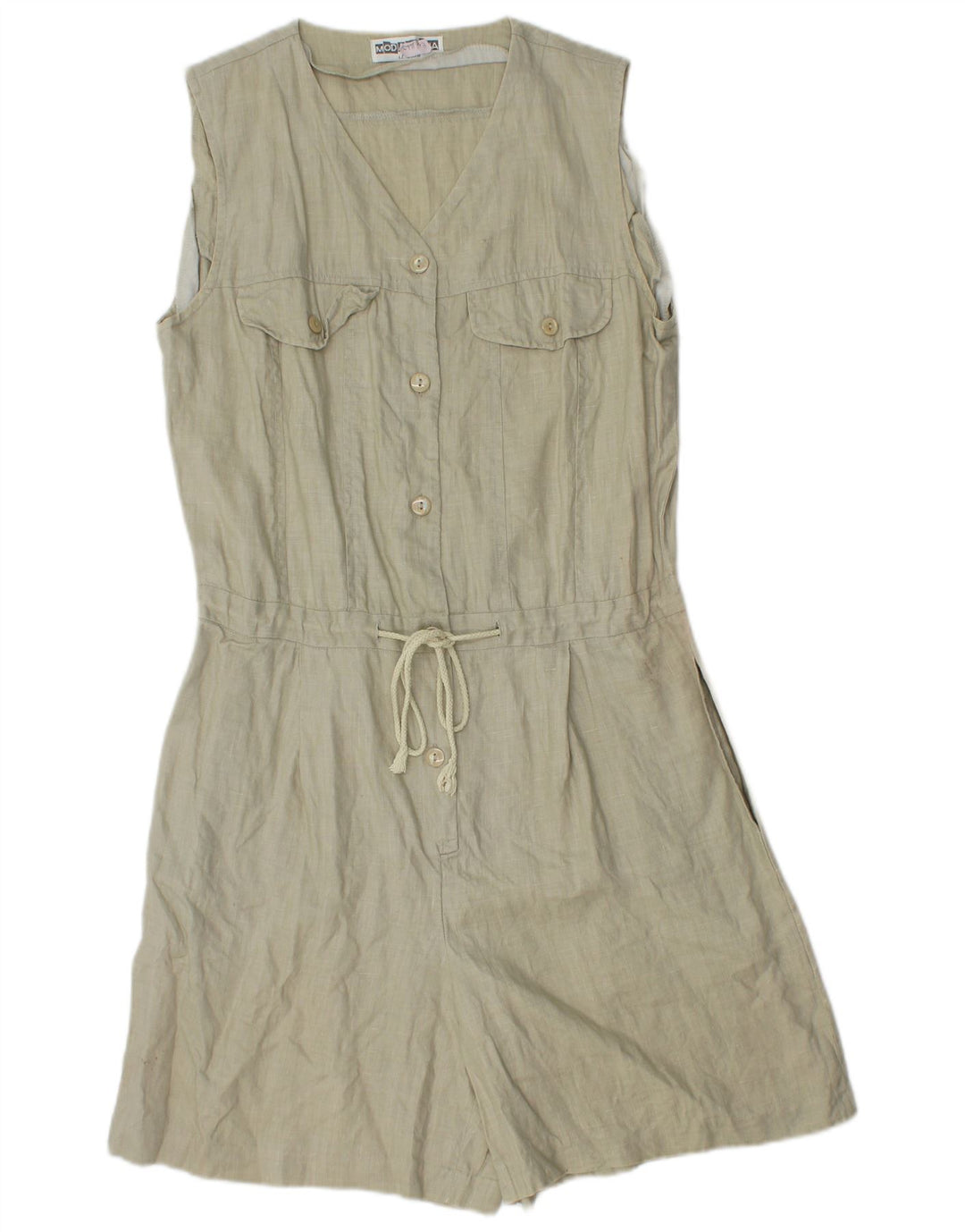 Vintage γυναικείο αμάνικο Playsuit UK 12 Medium Khaki Λευκά είδη