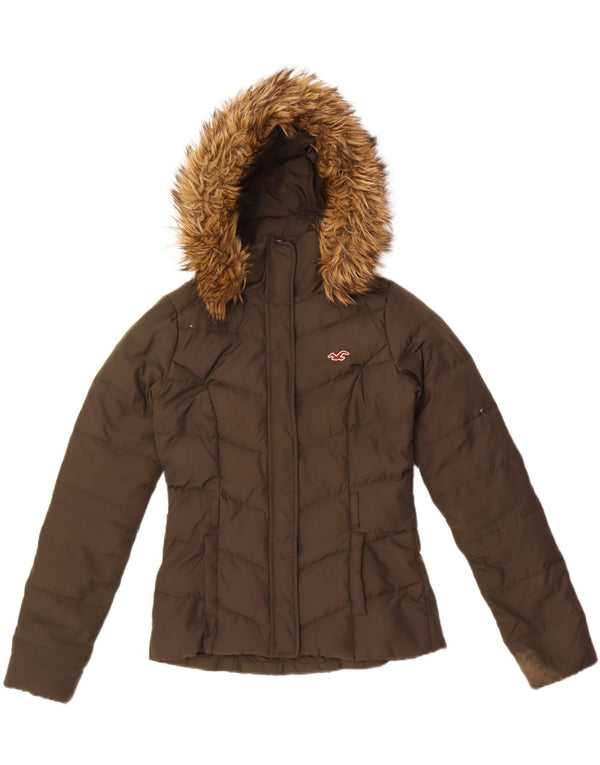 Hollister Womens Hooded Padded Jacket UK 10 Small Khaki Polyester