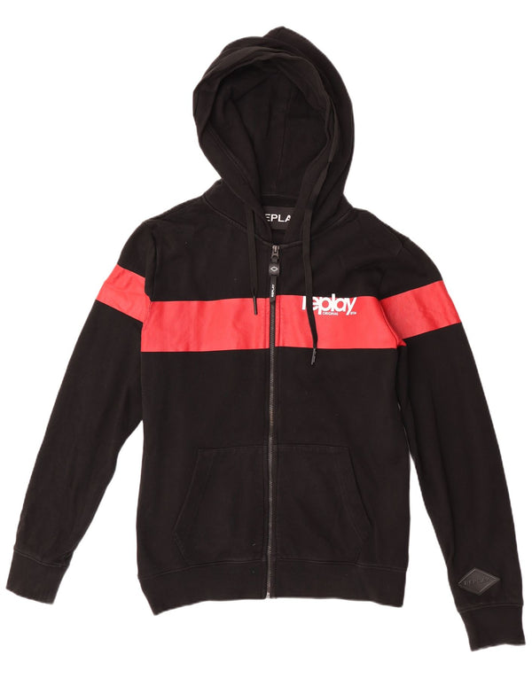 Replay Mens Graphic Zip Hoodie Sweater Medium Black Colourblock Cotton