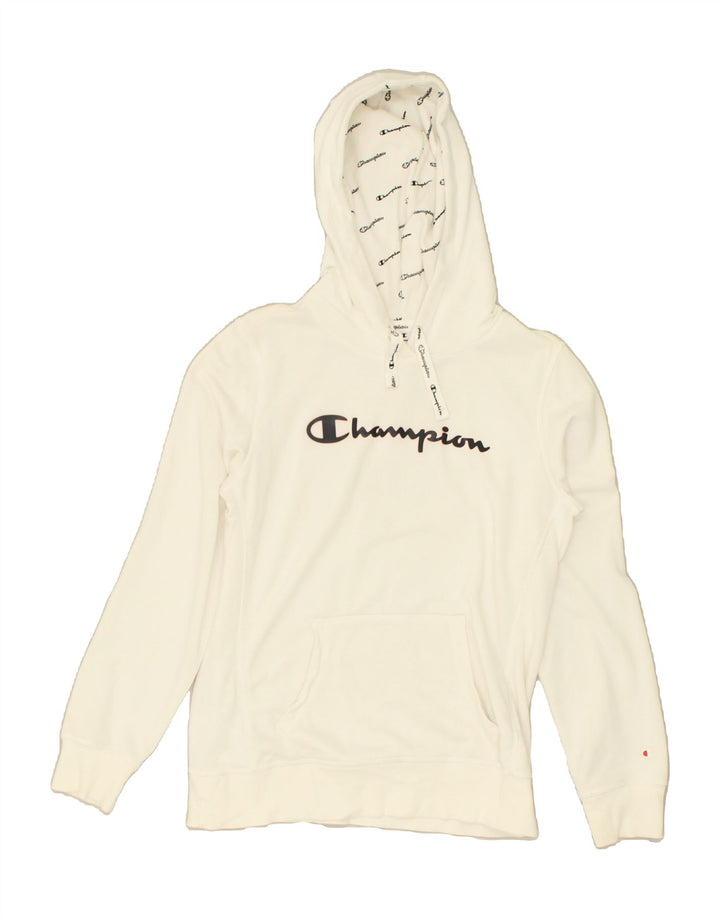 CHAMPION Womens Graphic Hoodie Jumper UK 18 XL White Cotton | Vintage Champion | Thrift | Second-Hand Champion | Used Clothing | Messina Hembry 