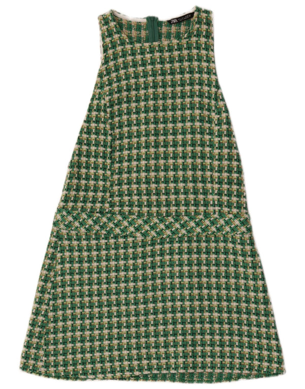 Zara Γυναικείο Αμάνικο Φόρεμα A-Line UK 16 Large Green Houndstooth