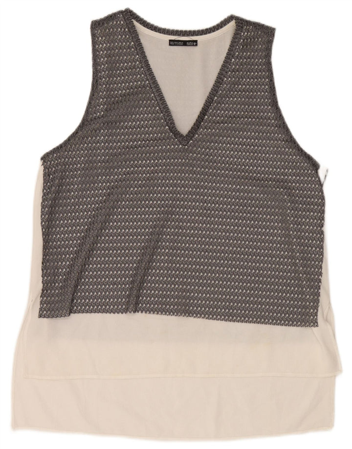Zara Γυναικείο Αμάνικο See Through Top UK 16 Large Grey Colourblock