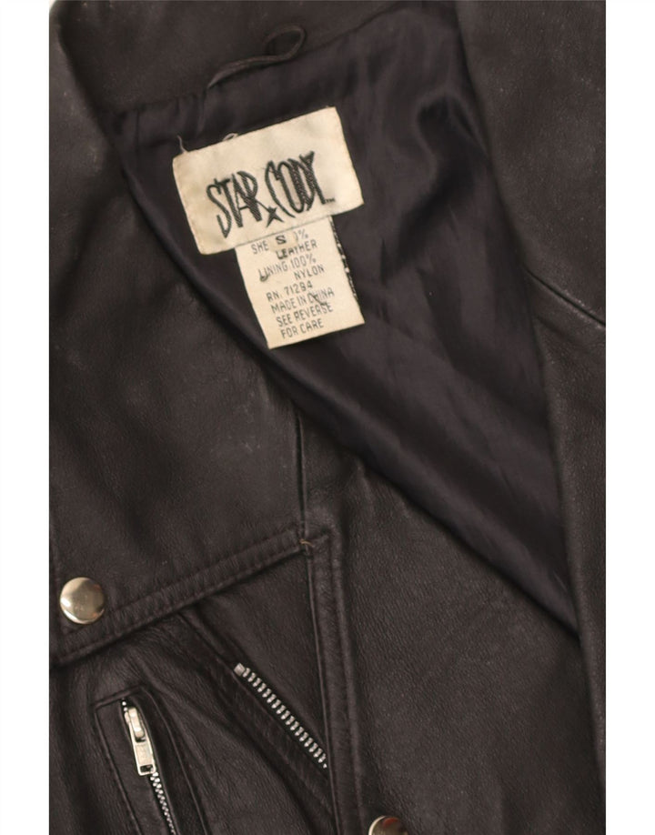 Vintage Γυναικείο Crop Leather Biker Jacket UK 10 Small Black Leather