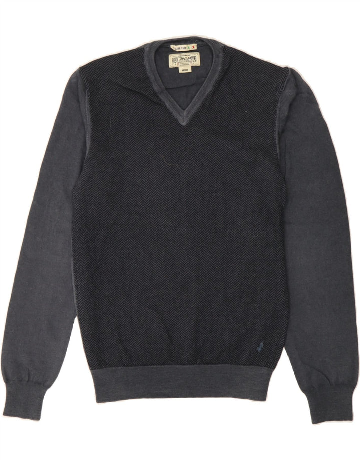 MARLBORO CLASSICS Mens V-Neck Jumper Sweater Medium Grey Herringbone Wool Vintage Marlboro Classics and Second-Hand Marlboro Classics from Messina Hembry 