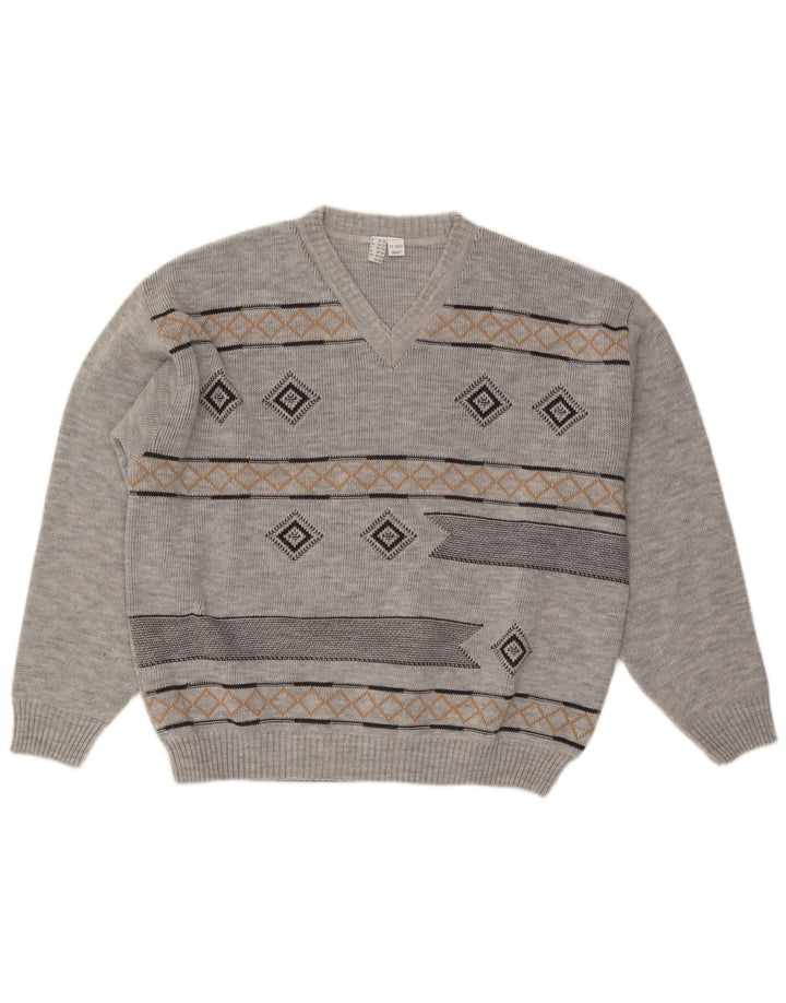 VINTAGE Ανδρικό πουλόβερ με λαιμόκοψη UK 46/48 2XL Grey Argyle/Diamond