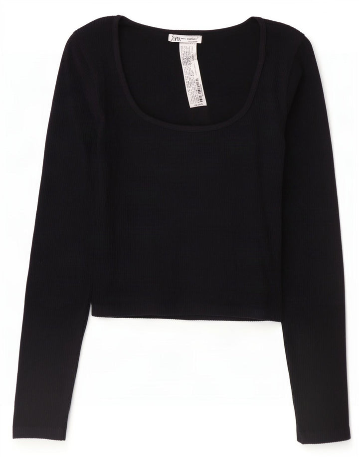 Zara Γυναικείο Crop Top Μακρυμάνικο UK 12 Medium Black Polyamide