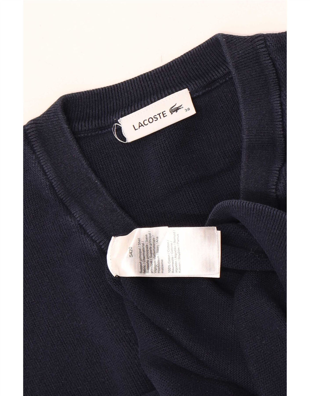 Γυναικείο πουλόβερ Lacoste Crop με λαιμόκοψη με λαιμόκοψη, μέγεθος 38, μεσαίο μπλε βαμβακερό