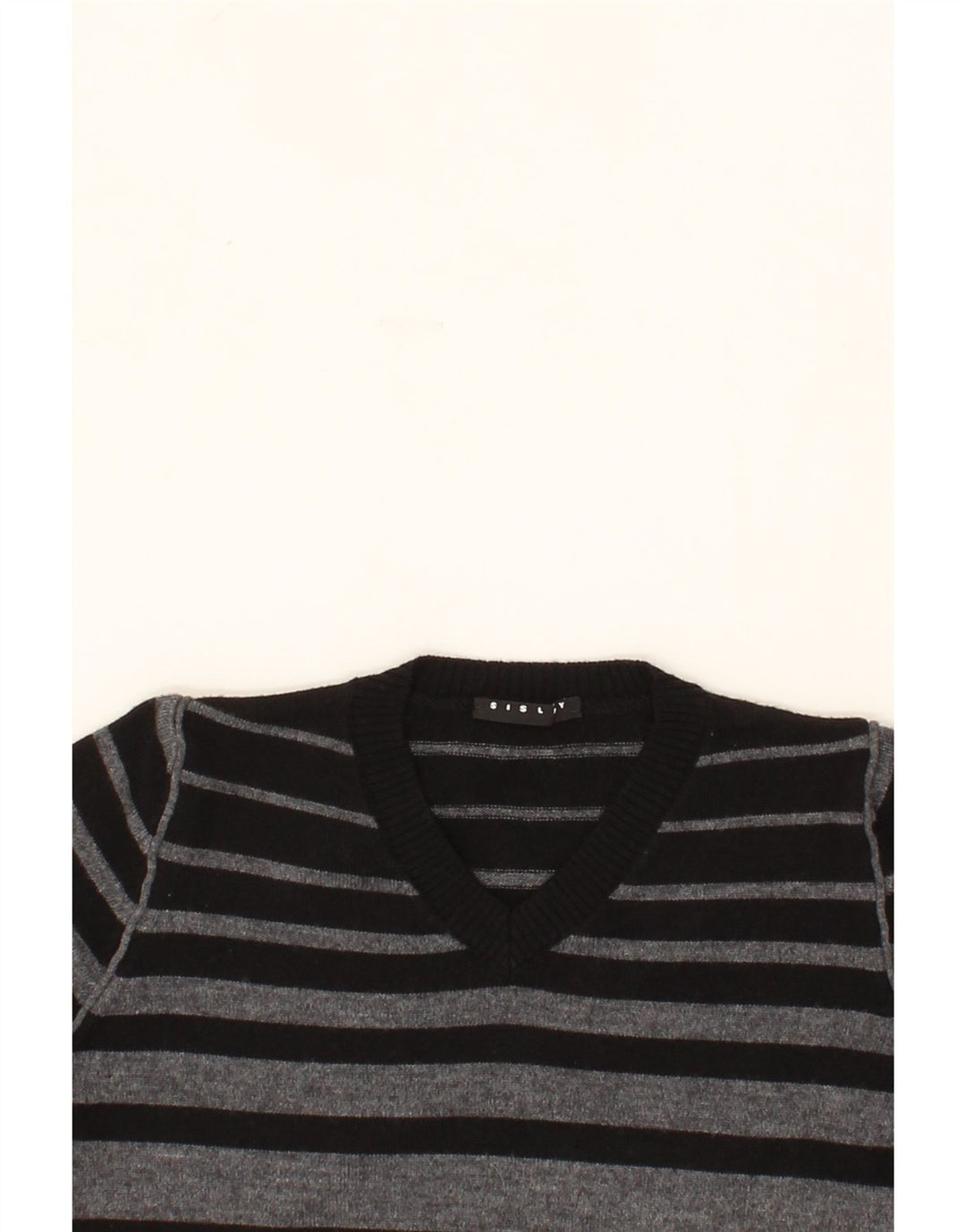 SISLEY Boys V-Neck Jumper Sweater 8-9 Years Large Grey Striped Vintage Sisley and Second-Hand Sisley from Messina Hembry 