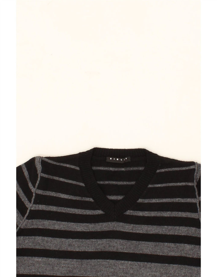 SISLEY Boys V-Neck Jumper Sweater 8-9 Years Large Grey Striped Vintage Sisley and Second-Hand Sisley from Messina Hembry 