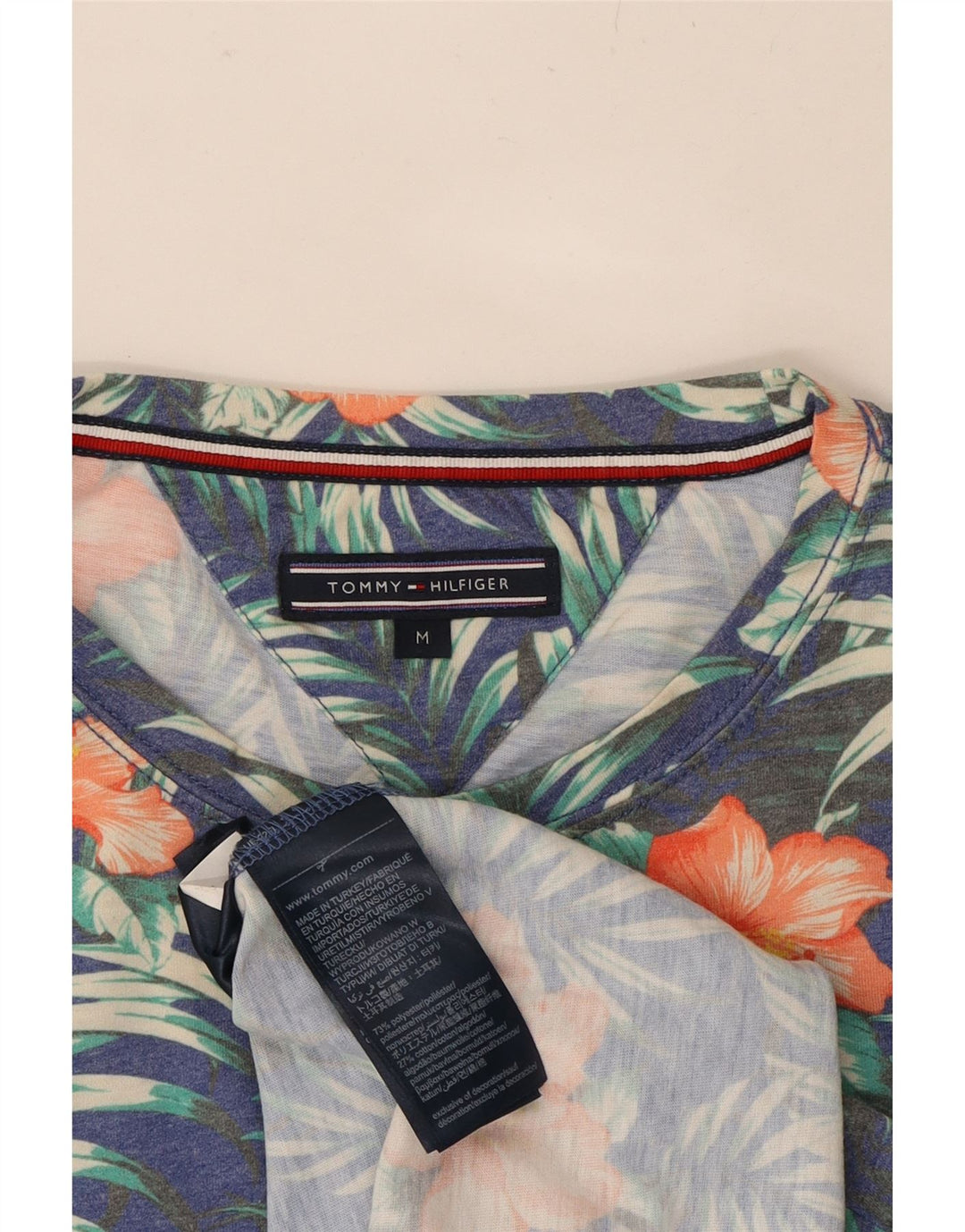 TOMMY HILFIGER Mens T-Shirt Top Medium Blue Floral Polyester Vintage Tommy Hilfiger and Second-Hand Tommy Hilfiger from Messina Hembry 