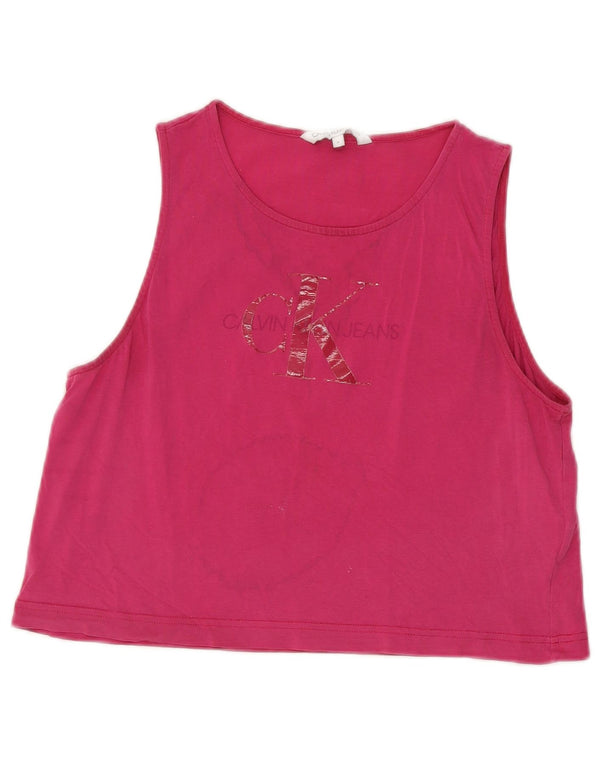 Calvin Klein Jeans Γυναικείο Crop γραφικό γιλέκο UK 12 μεσαίο ροζ βαμβακερό