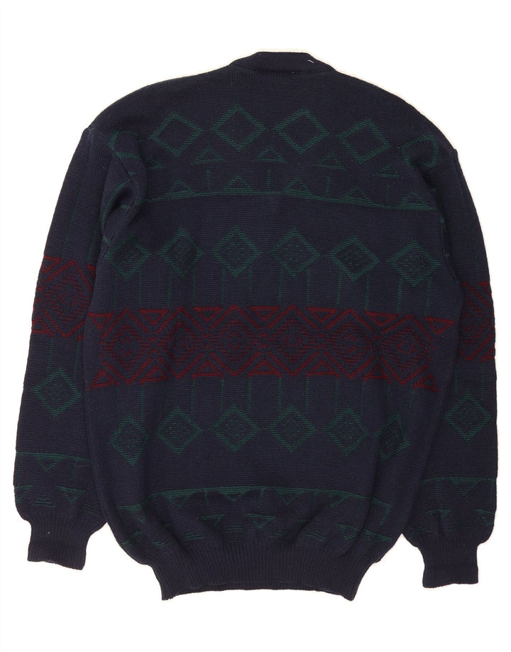VINTAGE Mens V-Neck Jumper Sweater IT 48 Medium Navy Blue Geometric Vintage Vintage and Second-Hand Vintage from Messina Hembry 