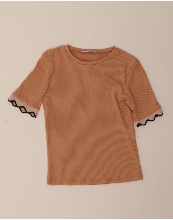 Zara Γυναικείο T-Shirt Crop Top UK 10 Small Brown Polyester