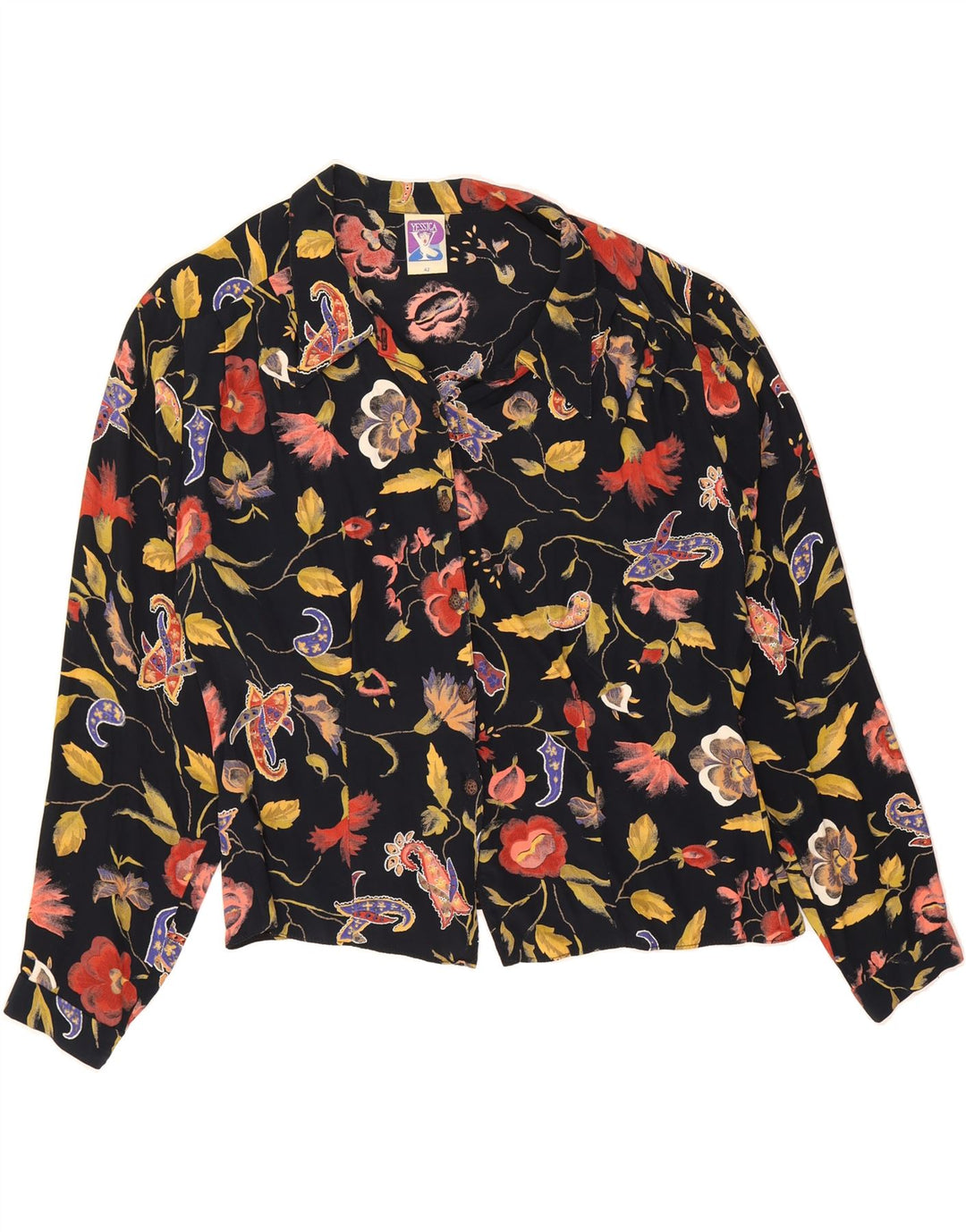 YESSICA Womens Shirt EU 42 Large Black Floral Viscose Vintage Yessica and Second-Hand Yessica from Messina Hembry 