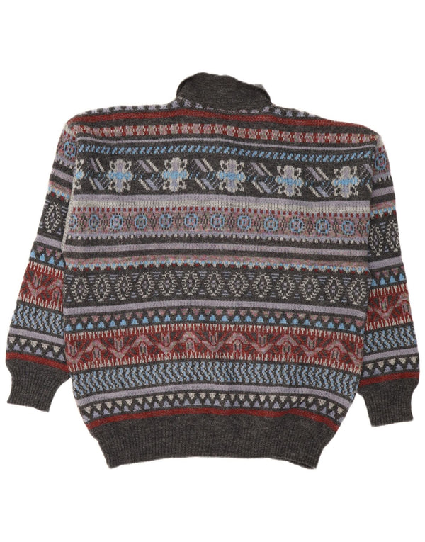 VINTAGE Mens Polo Neck Jumper Sweater XL Grey Fair Isle Acrylic