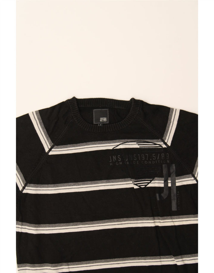JACK & JONES Mens Graphic Crew Neck Jumper Sweater Small Black Striped Vintage Jack & Jones and Second-Hand Jack & Jones from Messina Hembry 