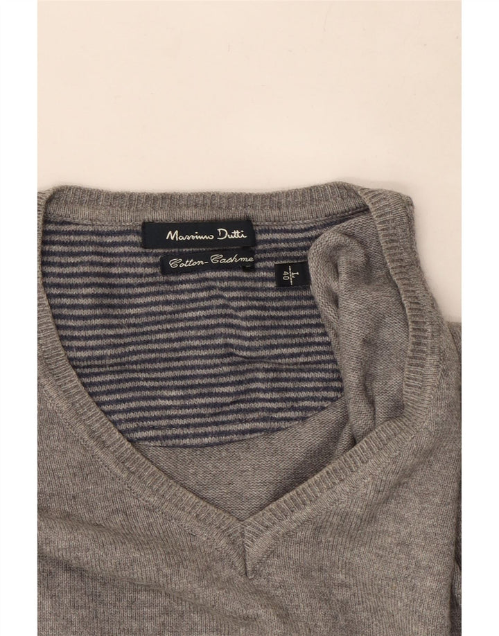 Ανδρικό πουλόβερ Massimo Dutti με V λαιμόκοψη, μεγάλο γκρι βαμβακερό