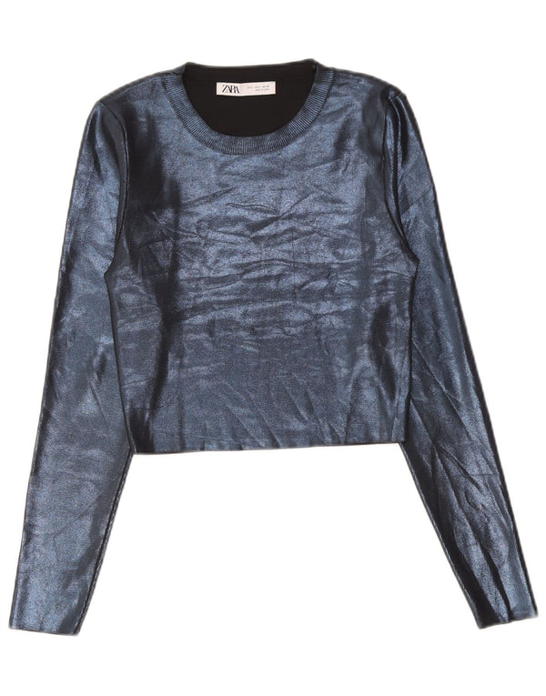 Zara Γυναικείο Crop Top Μακρυμάνικο UK 14 Large Blue