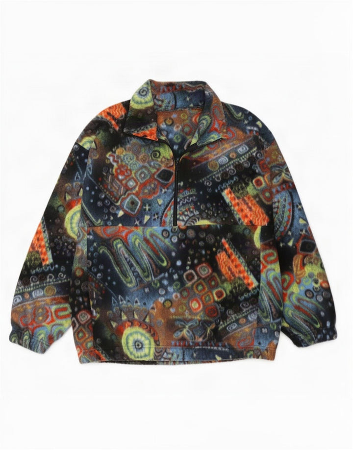 Vintage ανδρικό αφηρημένο σχέδιο με φερμουάρ Fleece Jumper Μεγάλο πολύχρωμο