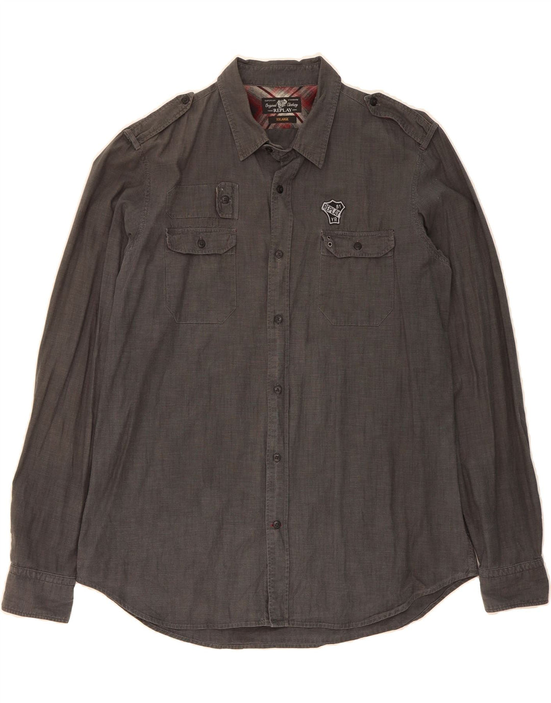 REPLAY Mens Graphic Military Shirt 2XL Grey Vintage Replay and Second-Hand Replay from Messina Hembry 