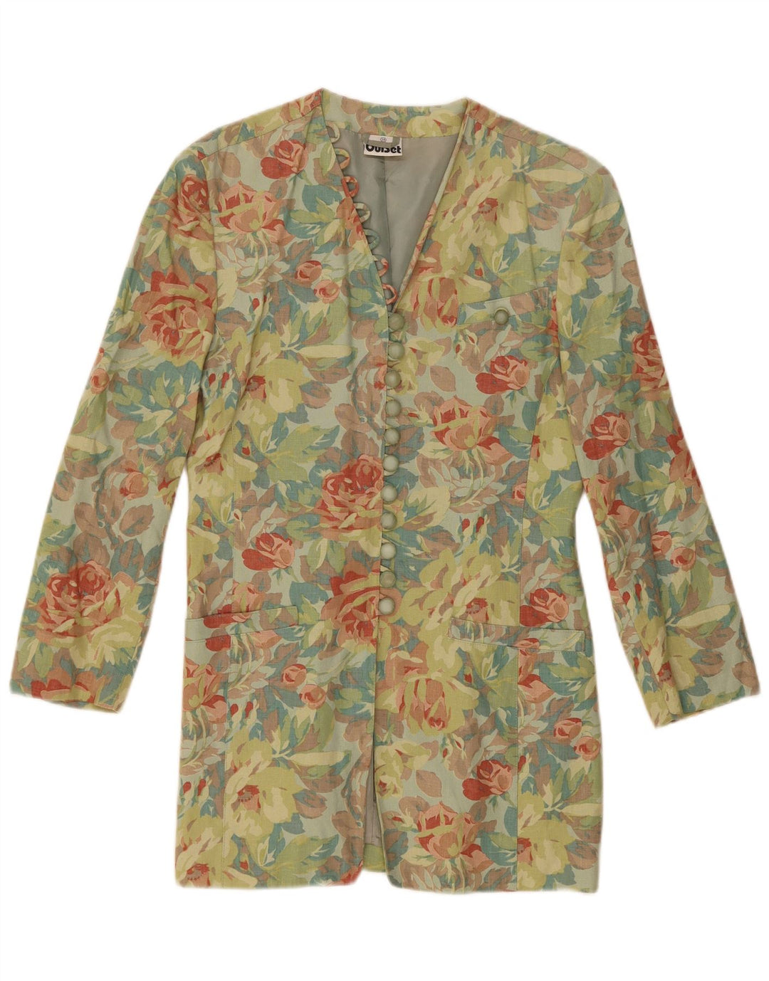 OUI SET Womens Longline Blazer Jacket EU 36 Small Green Floral Linen