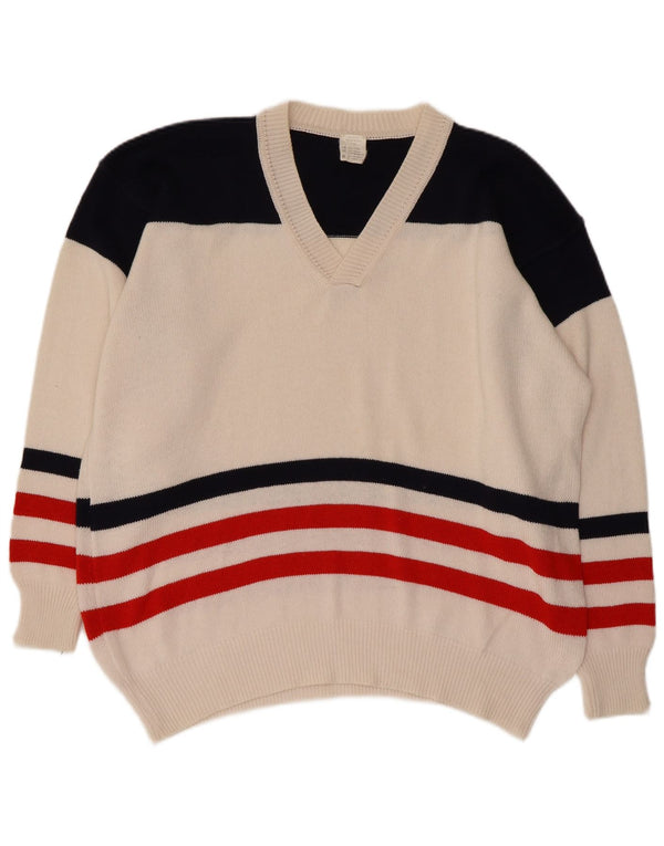 Vintage Ανδρικό πουλόβερ με V λαιμόκοψη XL Λευκό βαμβακερό χρώμα