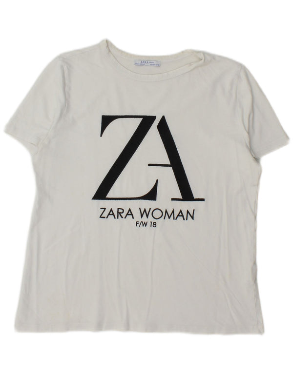 Zara Γυναικείο γραφικό T-Shirt Top UK 14 Μεσαίο λευκό βαμβακερό