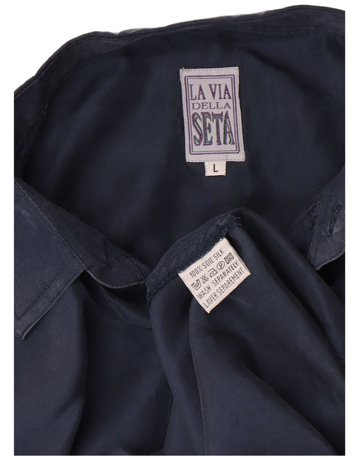 Vintage Ανδρικό πουκάμισο Μεγάλο Navy Blue Silk