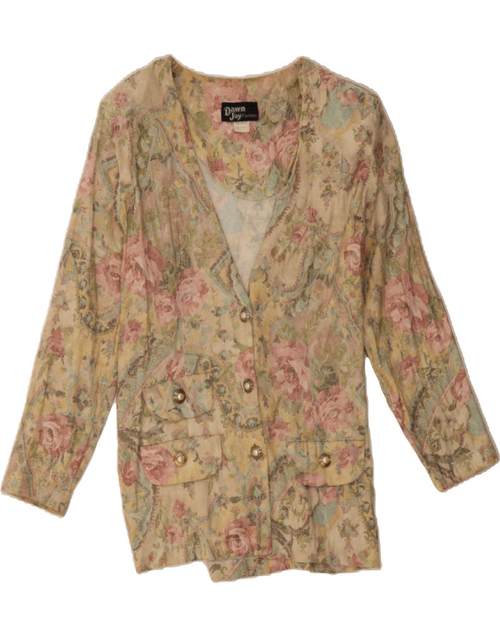 VINTAGE Womens 3 Button Blazer Jacket UK 14 Medium Beige Floral Polyester Vintage Vintage and Second-Hand Vintage from Messina Hembry 
