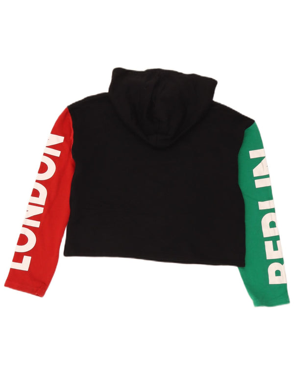 Benetton Girls Crop Graphic Hoodie Jumper 10-11 Years XL Black Colourblock
