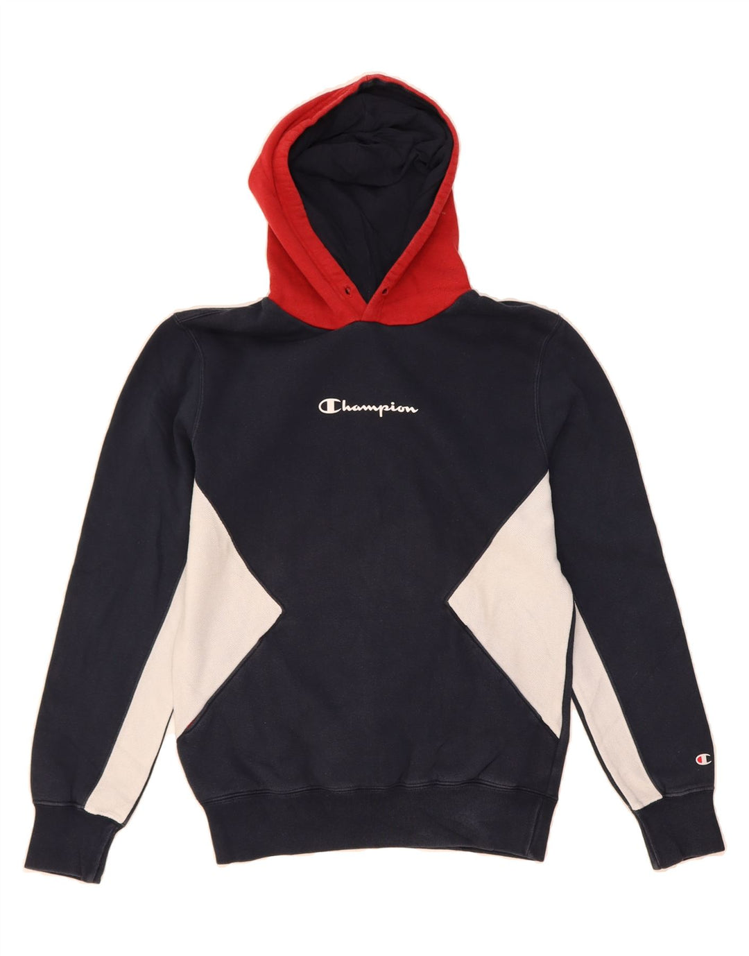 CHAMPION Mens Hoodie Jumper Small Navy Blue Colourblock Vintage Champion and Second-Hand Champion from Messina Hembry 
