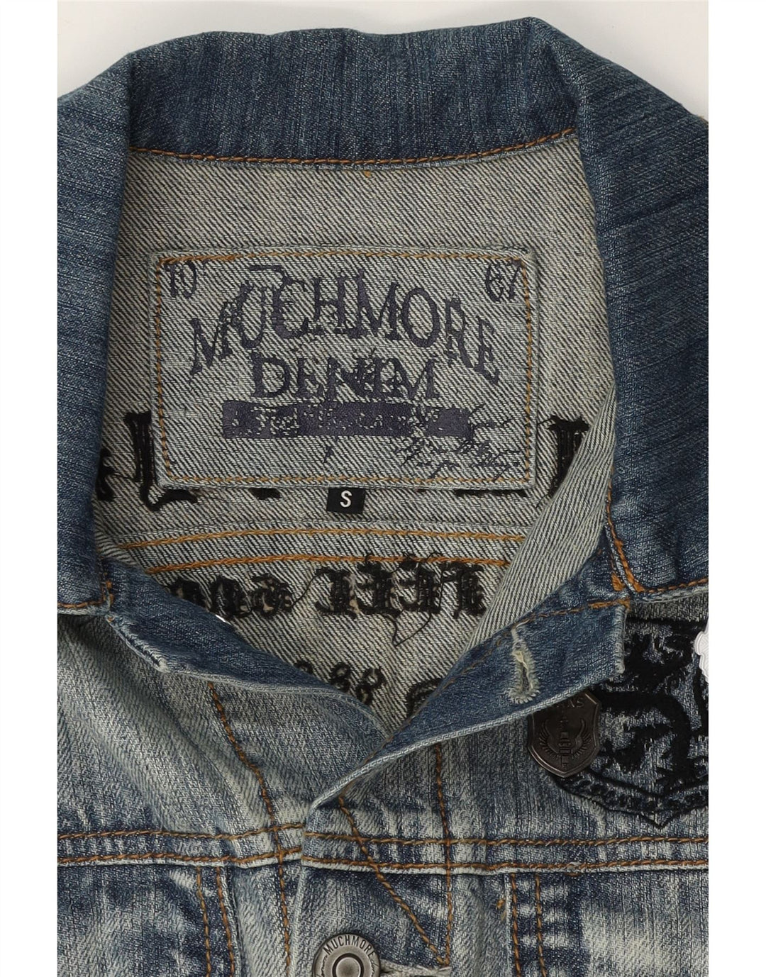 VINTAGE Mens Graphic Denim Jacket UK 36 Small Blue Cotton Vintage Vintage and Second-Hand Vintage from Messina Hembry 