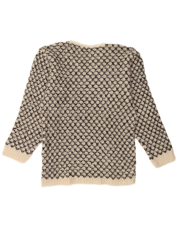 Vintage γυναικείο πουλόβερ με V λαιμόκοψη UK 14 Medium Off White γεωμετρικό