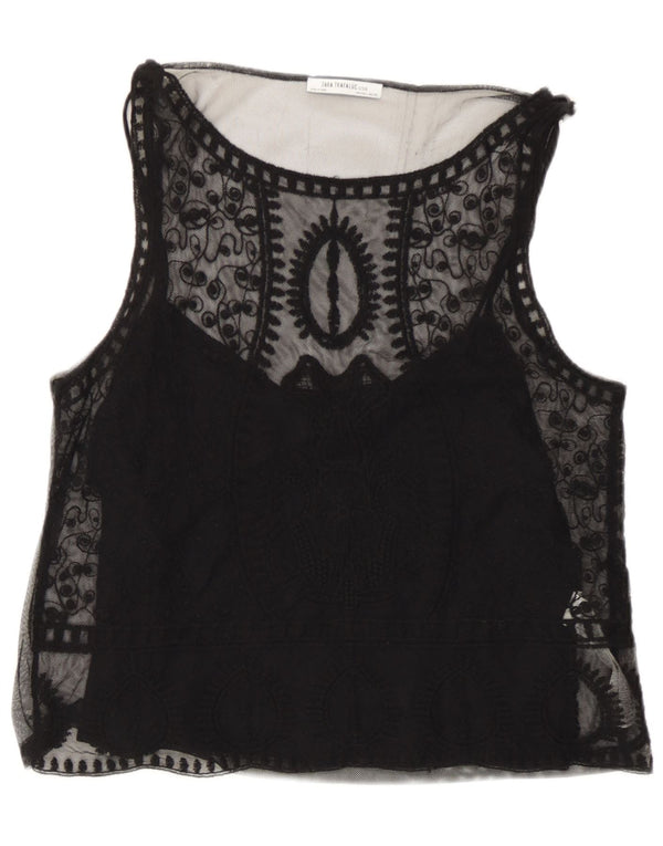 Zara Γυναικεία μπλούζα Trafaluc Αμάνικη Μπλούζα UK 14 Large Black Floral
