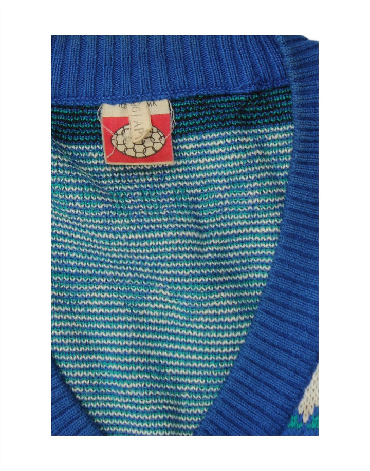 VINTAGE Mens V-Neck Jumper Sweater Medium Blue Geometric