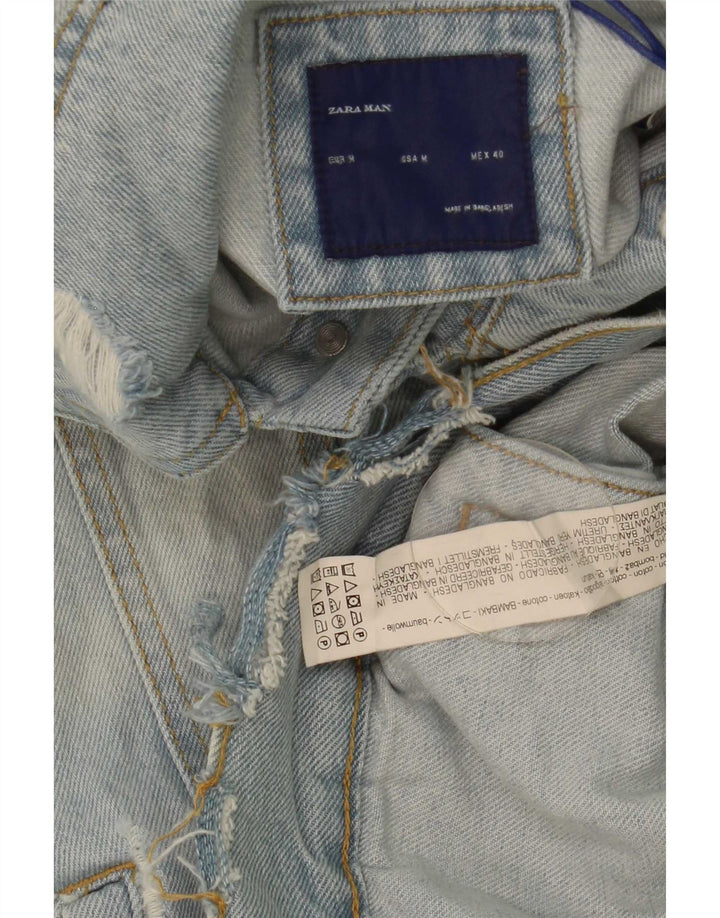 Zara Mens Distressed Denim Gilet UK 38 Medium Blue Cotton