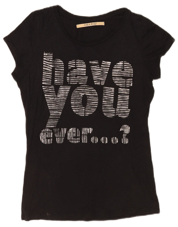 Zara Γυναικείο γραφικό T-Shirt Top UK 12 Medium Black