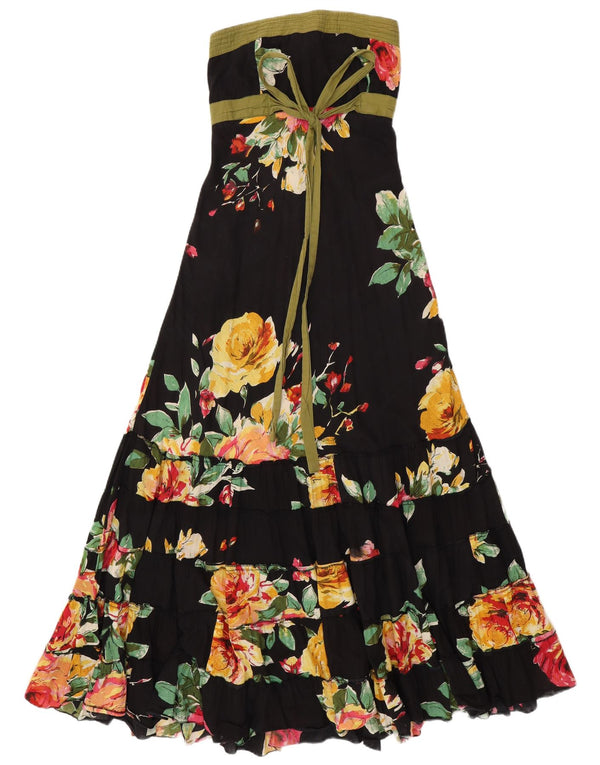 VINTAGE Γυναικείο Maxi Στράπλες Φόρεμα UK 14 Μεσαίο μαύρο φλοράλ βαμβακερό